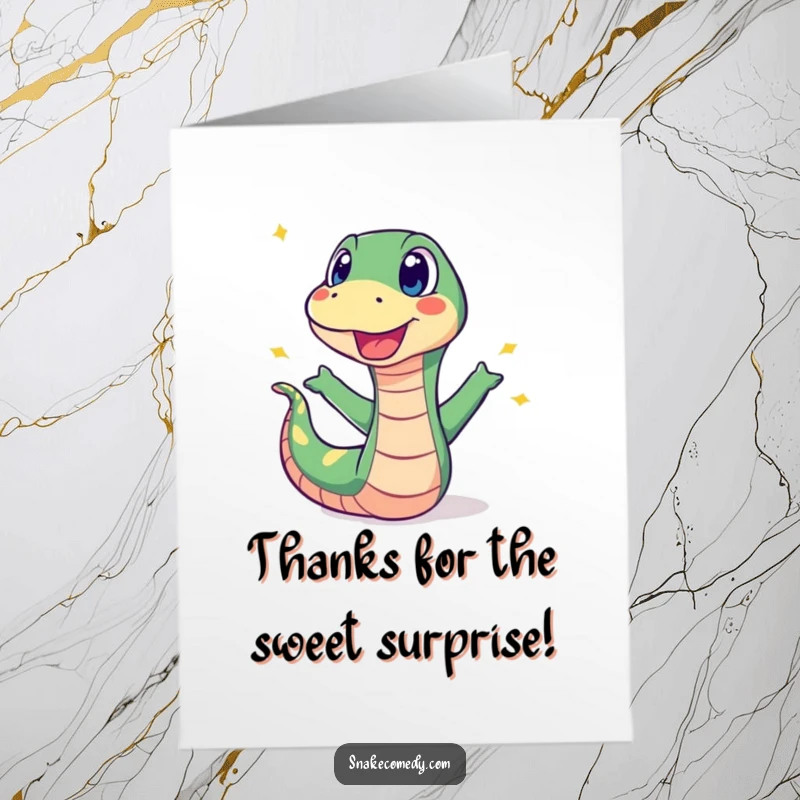 Funny Free Printable Thank You Card: A snake looks shocked as a colorful sweet explodes with a pop right in front of it.