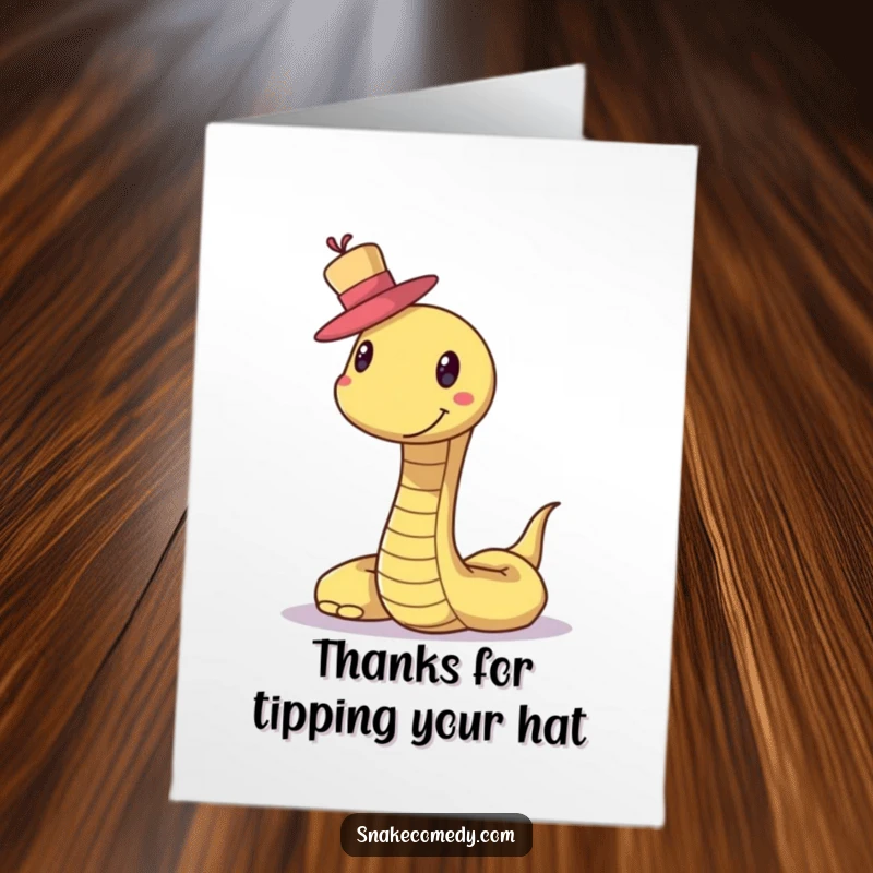 Funny Free Printable Thank You Card: A smiling snake proudly balances a small, fancy hat, conveying thanks with charm.