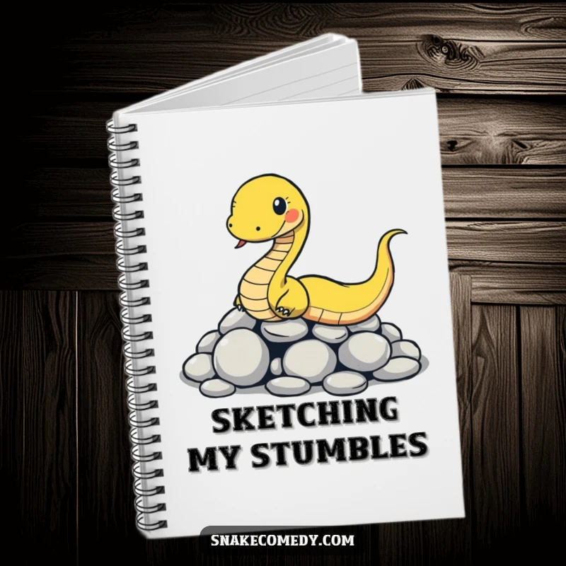 Funny snake notebook cover with a cartoon snake comically slipping on smooth round stones, perfect for humorous notes.