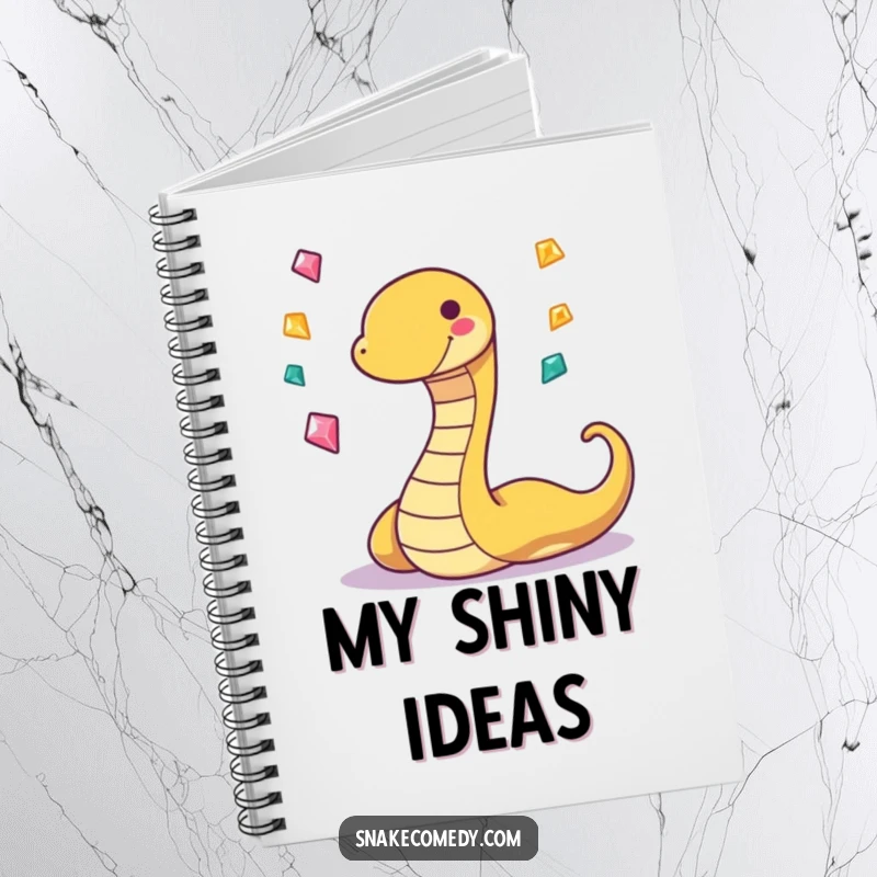 Funny notebook cover showing a playful, grinning snake character juggling three sparkling gems, ideal for inspired and fun notes.