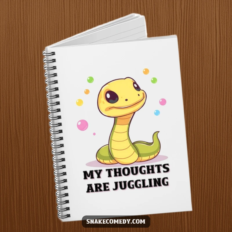 Funny snake with a mischievous flicker, juggling colorful, glowing orbs on a notebook, perfect for capturing magical thoughts and creative ideas.