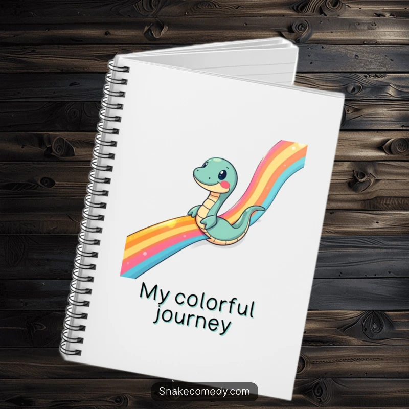 Funny snake notebook, perfect for writing, featuring a snake comically sliding down a rainbow ribbon, for school or personal use.
