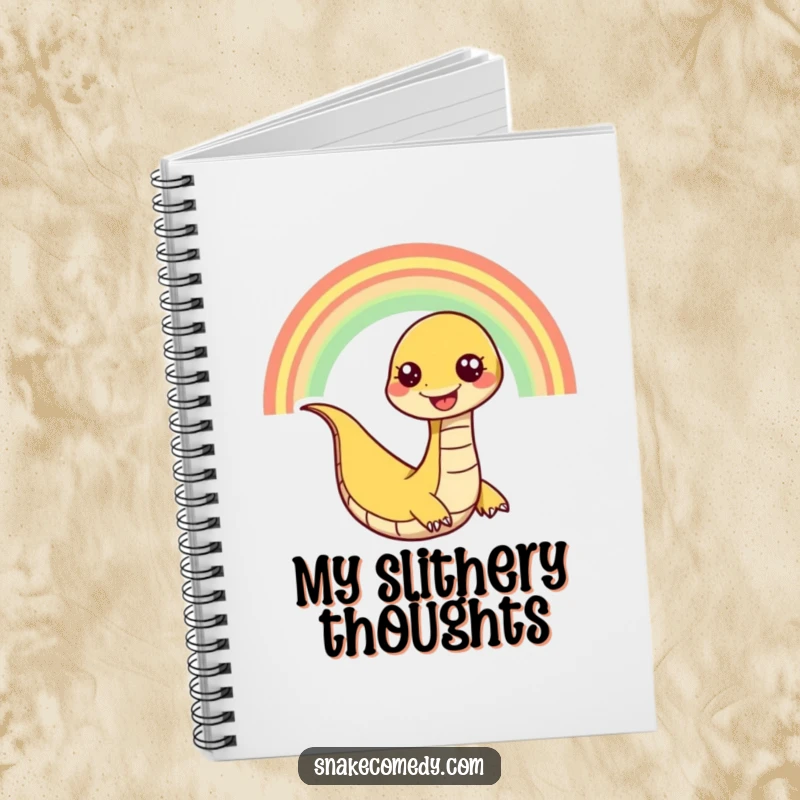 Funny snake notebook with a happy snake character slithering playfully down a rainbow, inspiring colorful and joyful ideas.