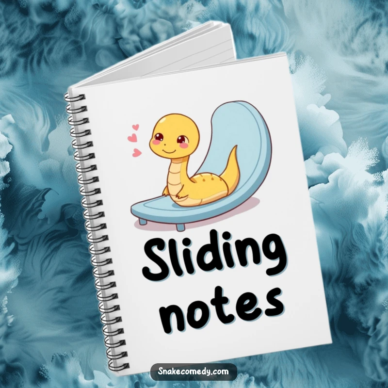 Funny notebook cover showing a coiled snake character sighing contentedly after a smooth slide down a ramp, ideal for calm note-taking.
