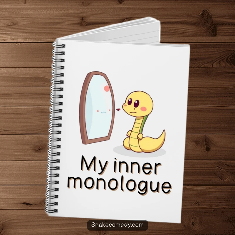 Funny snake chasing reflection, delighted sigh, cartoon journal, perfect funny gift for note-takers.