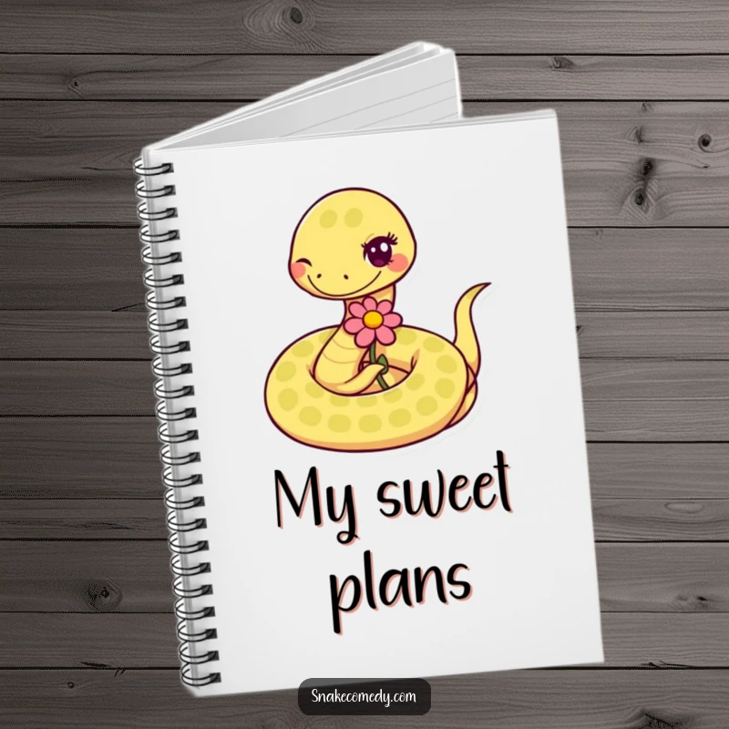 Funny coiled snake winks and offers a flower on a notebook cover, perfect for jotting down funny thoughts.