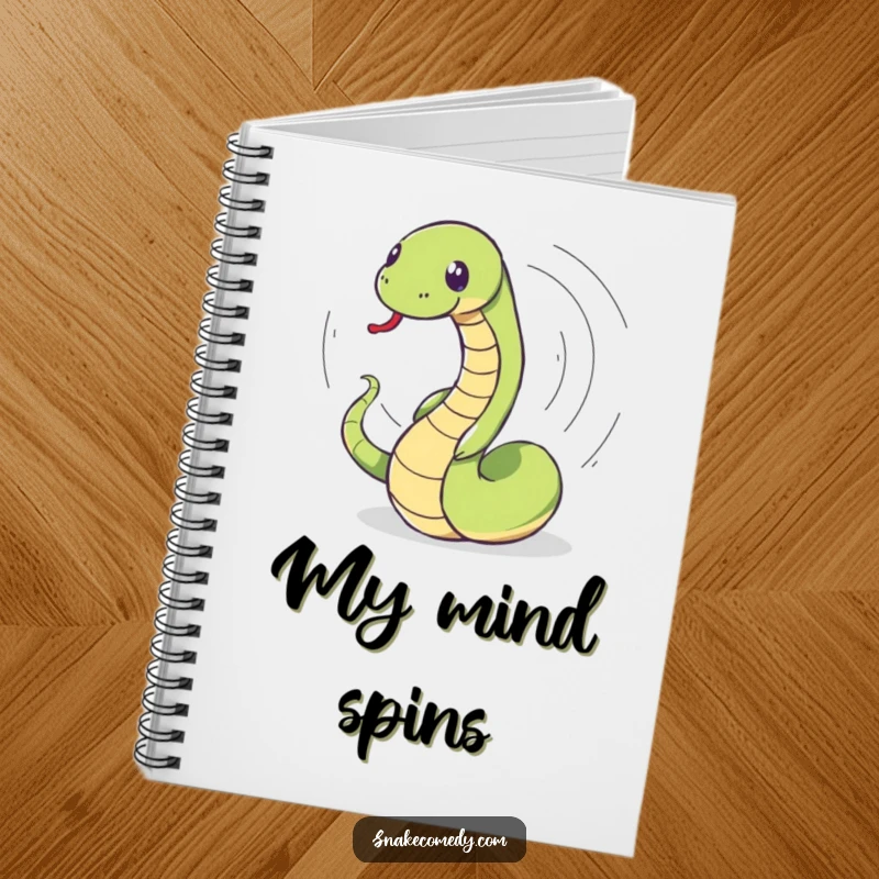 Funny snake notebook featuring a snake in a dizzying spin, playfully chasing its tail, ideal for jotting notes with amusement.