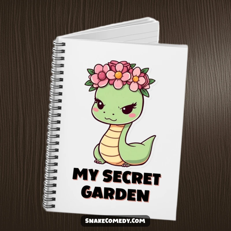Funny snake character wearing a flower crown, winking slyly, featured on a notebook for jotting down notes with a humorous and charming touch.