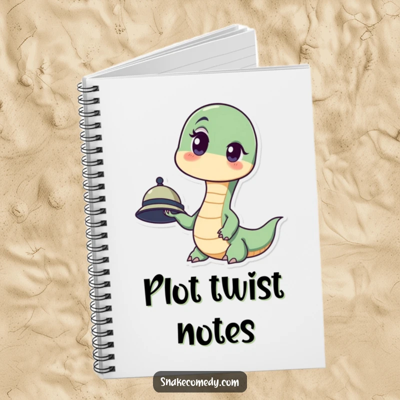 Funny notebook with a snake character looking surprised, one eyebrow raised, holding a tiny hat.