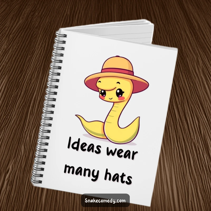 Funny snake character happily balancing a small round hat on a notebook cover, inspiring chic thoughts and creative planning.