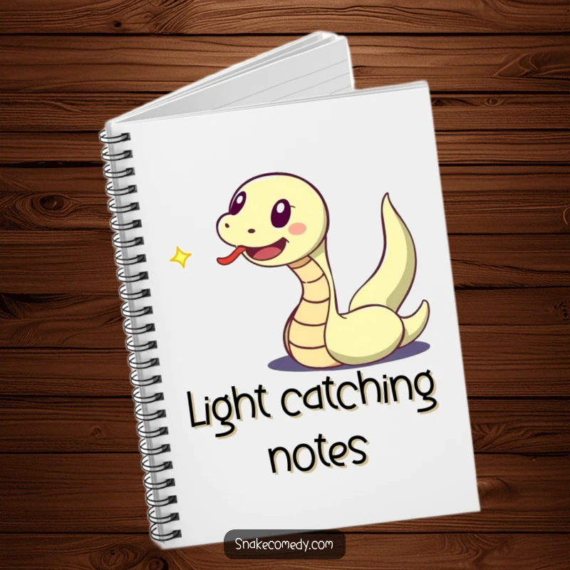 Funny notebook with an excited snake character, tongue flicking, chasing a dancing speck of light, ideal for note-taking.
