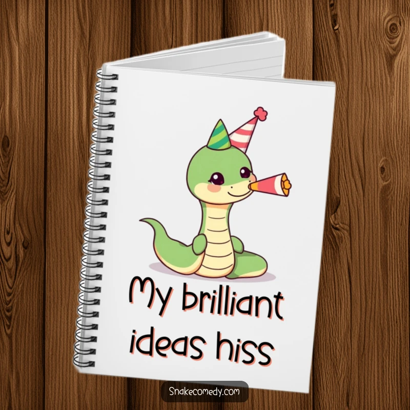 Funny snake wearing a party hat, blowing a cheerful party horn on a notebook, perfect for journaling and creative brainstorming sessions.