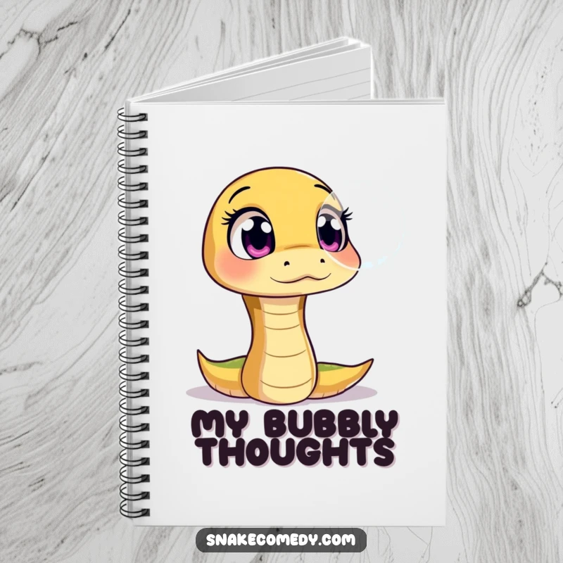 Funny notebook cover showing a snake character with wide, amazed eyes looking at a floating, shimmering bubble, ideal for inspired ideas.