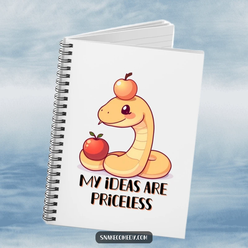 Funny notebook cover featuring a snake concentrating on balancing an apple on its head, perfect for jotting down humorous notes.