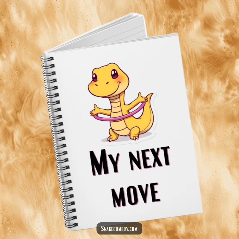 Funny notebook with a snake character joyfully hula hooping, perfect for capturing notes and funny ideas.