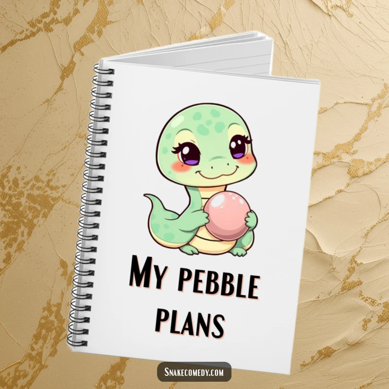 Funny notebook with a mischievous snake character winking and offering a shiny pebble, perfect for capturing thoughts humorously.