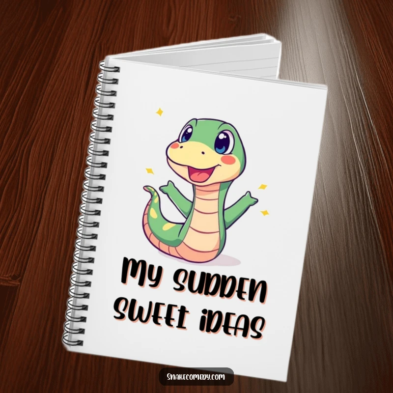 Funny notebook with a surprised snake recoiling from a popping sweet, ideal for jotting down thoughts with a humorous twist.