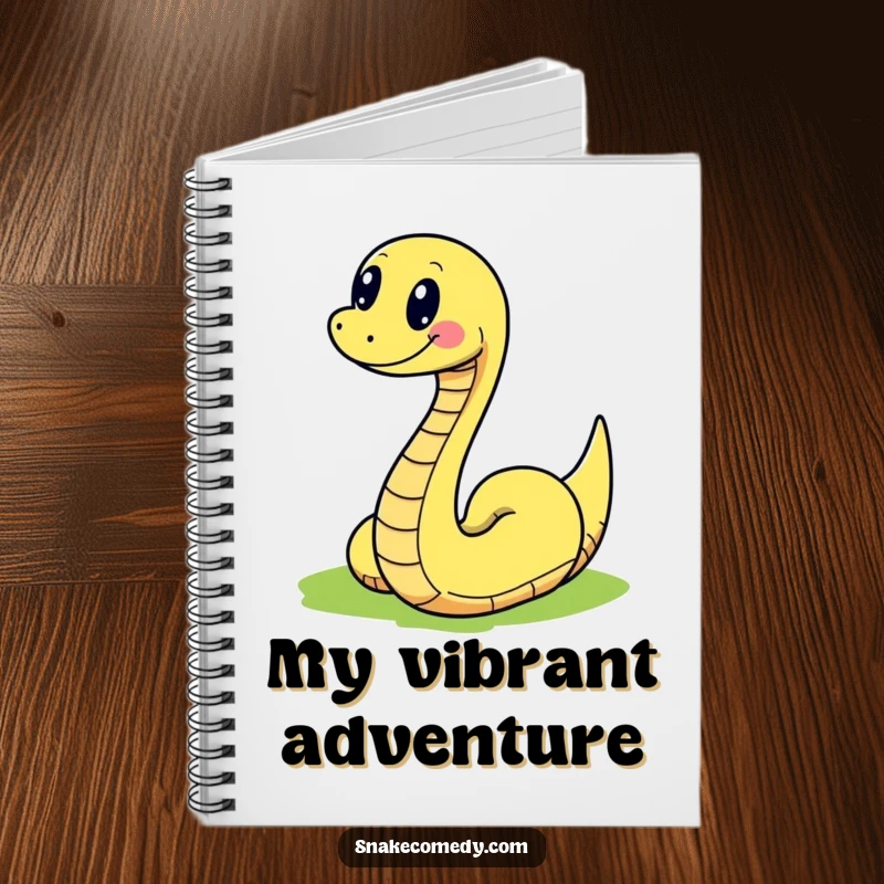 Funny snake character joyfully slithering on a colorful path, featured on a notebook for jotting down notes with a humorous touch.