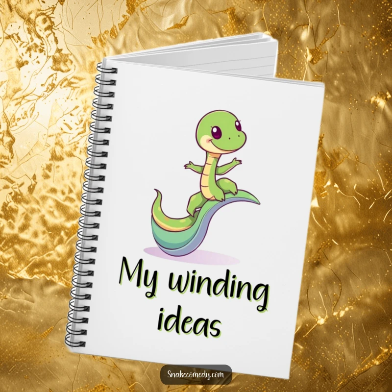 Funny notebook with a giddy snake character balancing on a whimsical winding slide, ideal for jotting down adventurous thoughts.