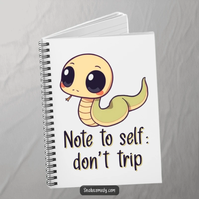 Funny snake character with large, round eyes, tripping over its tail, featured on a notebook for jotting down notes with a humorous touch.