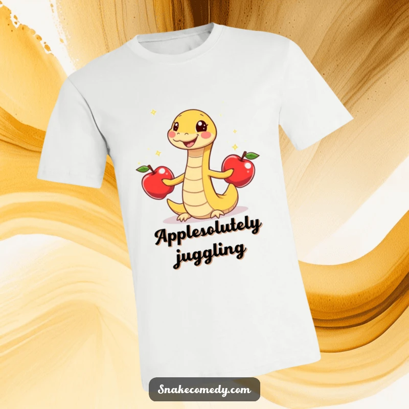 Funny snake juggling sparkly apples, gleeful wiggle, cartoon tee, perfect funny gift for skill enthusiasts.