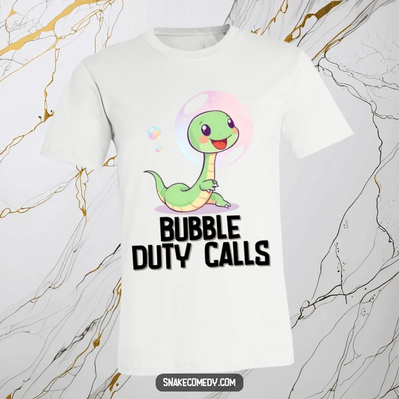 Funny t-shirt featuring a small, joyful snake in pursuit of a shimmering, iridescent soap bubble, highlighting playfulness and delight.