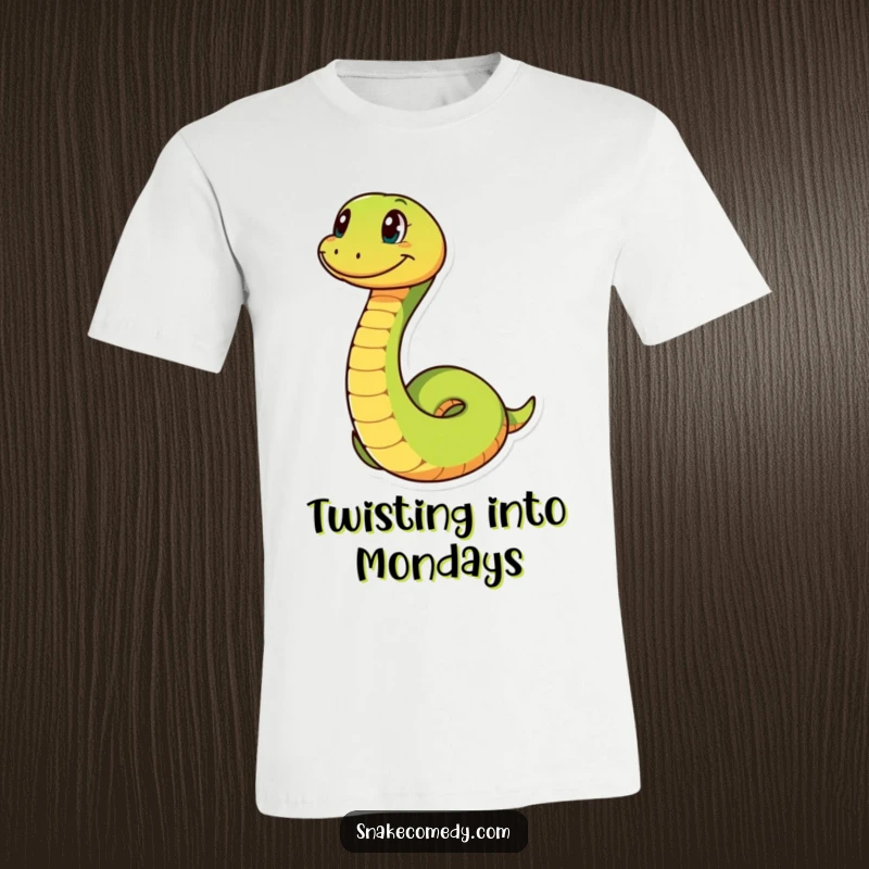 Funny snake character with a big grin, dynamically coiling and uncoiling, featured on a funny and engaging t-shirt.