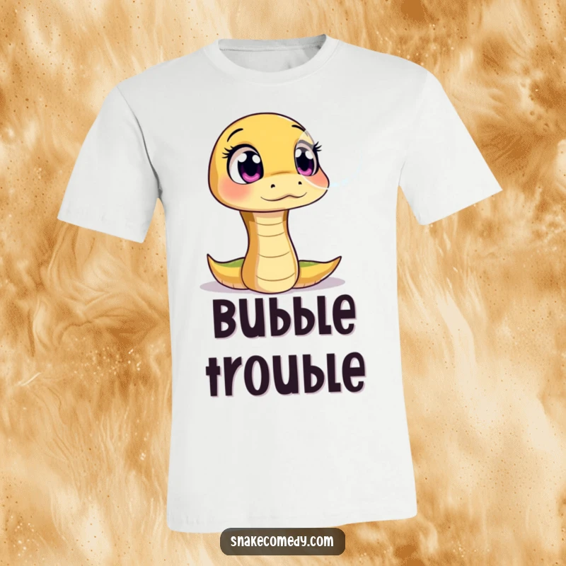Funny t-shirt featuring a snake character with wide, astonished eyes captivated by a floating, iridescent bubble, showing pure awe.