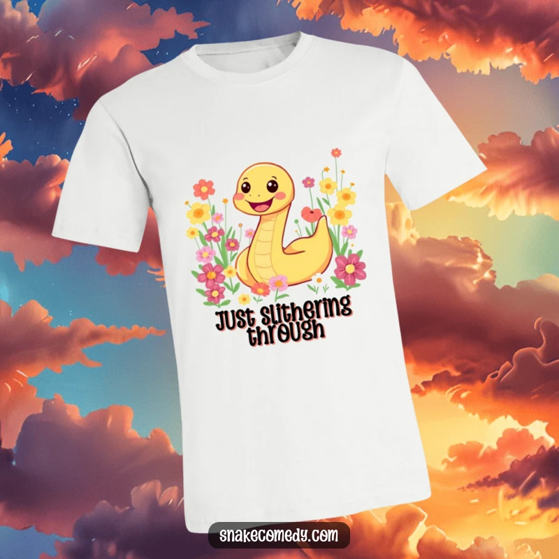 Funny smiling snake character joyfully moving through a field of colorful flowers, a vibrant and happy t-shirt.