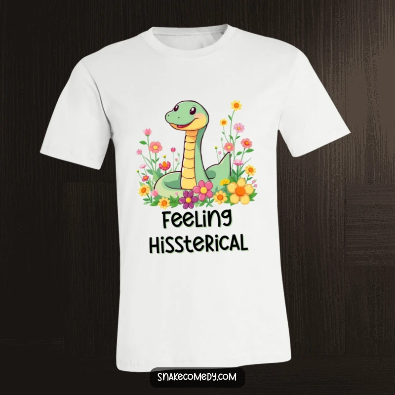 Funny Snake T-Shirt: A joyful snake smiling as it slithers through a vibrant field of colorful flowers.