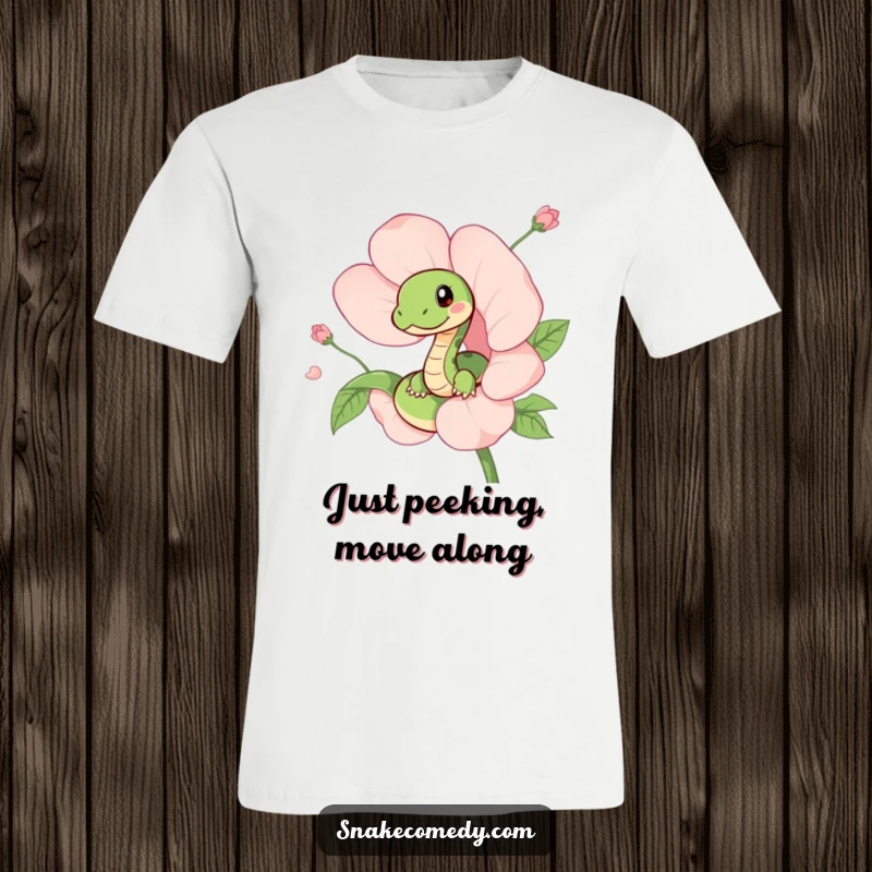 Funny t-shirt featuring a charming snake playfully peeking out from a colorful blooming flower, radiating a sense of sweet curiosity and joy.