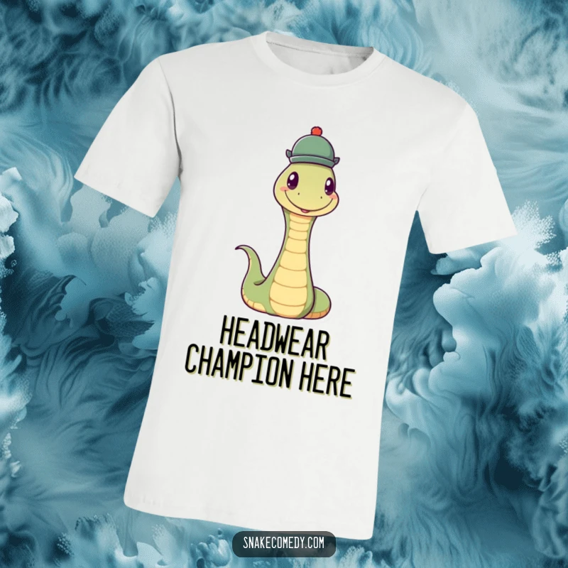 Funny Snake Hat T-Shirt: A snake happily balancing a small, round hat on its head, exuding charm and humor.