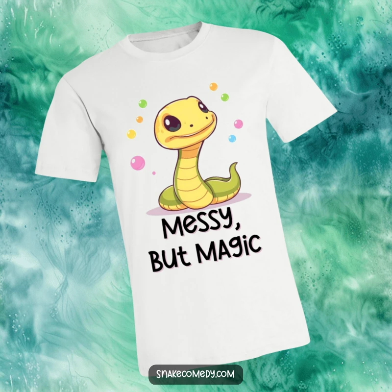 Funny snake with a mischievous flicker, juggling colorful, glowing orbs on a t-shirt, showcasing mystical talent and playful vibes.