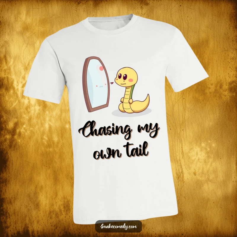 Funny snake chasing its reflection, delighted sigh, cartoon tee, perfect funny gift for playful souls.