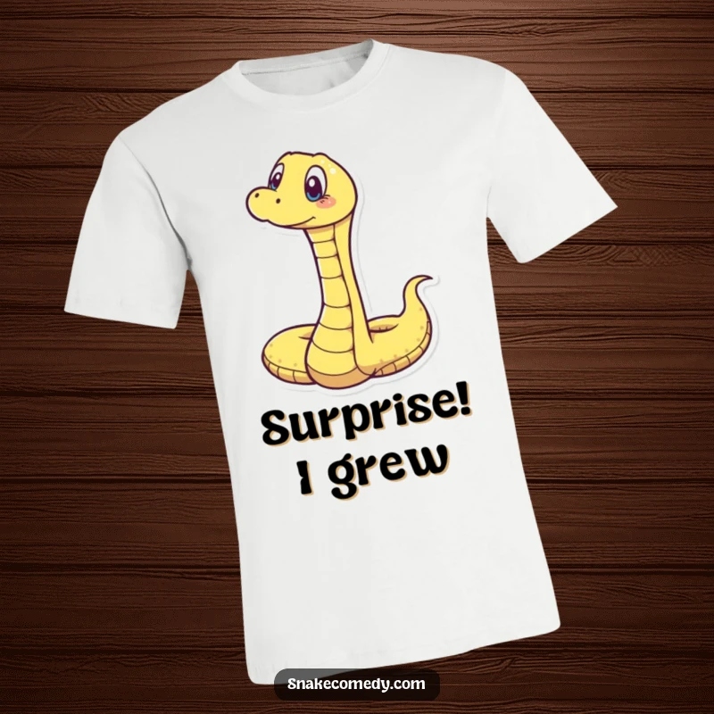 Funny t-shirt featuring a snake stretching vertically, its eyes wide and mouth agape in a look of comical surprise.