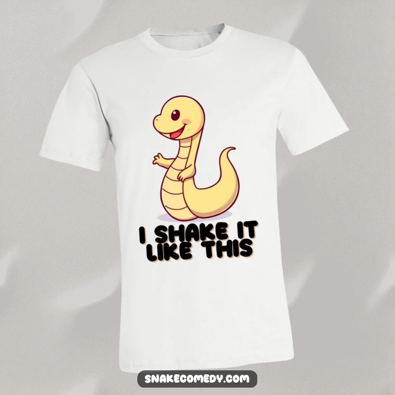 Funny t-shirt showcasing a gleeful snake performing a hilarious wobbly dance with its tail, embodying pure happiness and carefree fun.