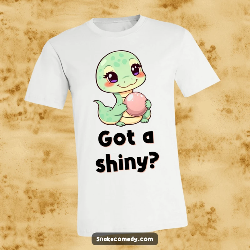 Funny t-shirt with a mischievous snake character winking and holding out a shiny pebble, symbolizing a quirky offer.
