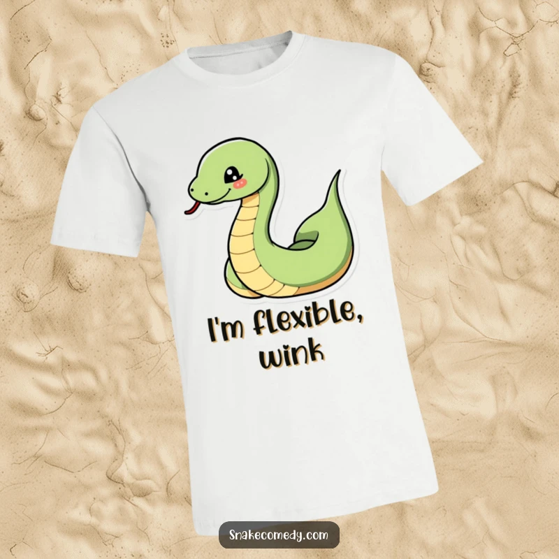 Funny snake t-shirt depicting a snake dramatically coiling and uncoiling with a sly, playful wink, radiating confident mischief.