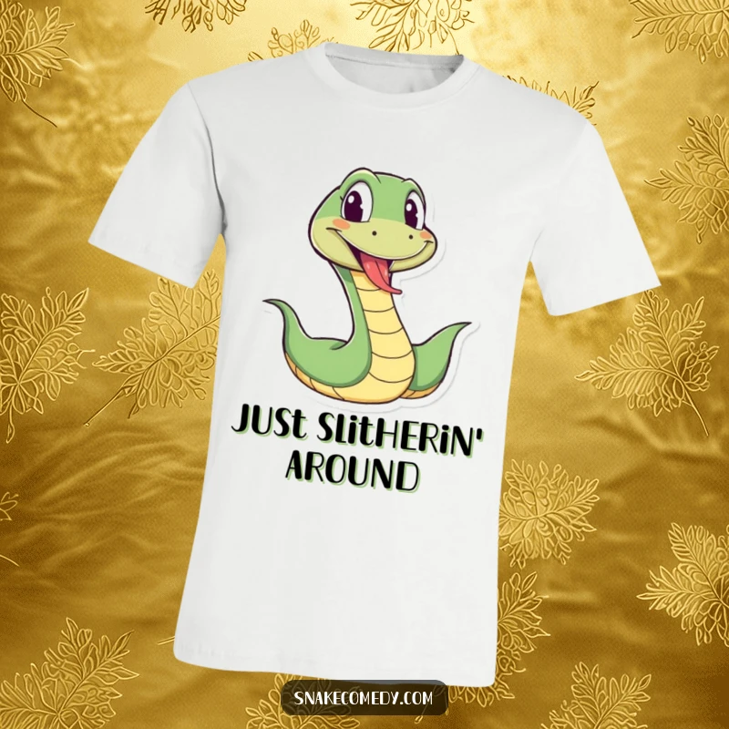 Funny snake t-shirt showing a cartoon snake wiggling energetically with its tongue sticking out playfully, radiating fun and amusement.