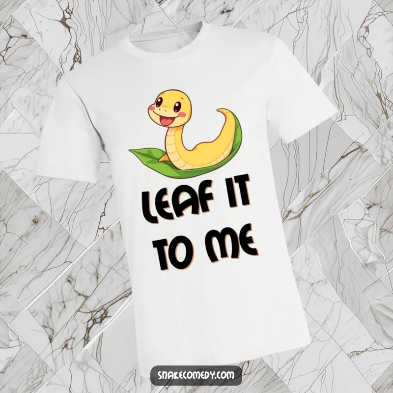 Funny snake t-shirt showing an excited snake wiggling as it slides down a leaf, full of playful energy.
