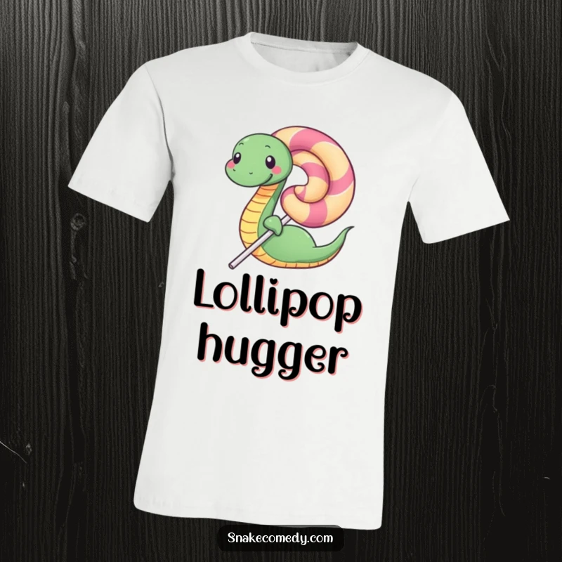 Funny t-shirt depicting a happy snake cozily wrapped around a gigantic, mouth-watering lollipop, radiating pure contentment.