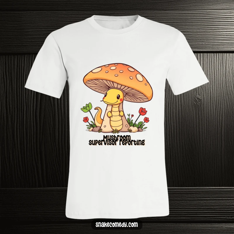 Funny t-shirt with a sly snake peeking from behind a massive mushroom, looking totally mischievous and ready for fun.