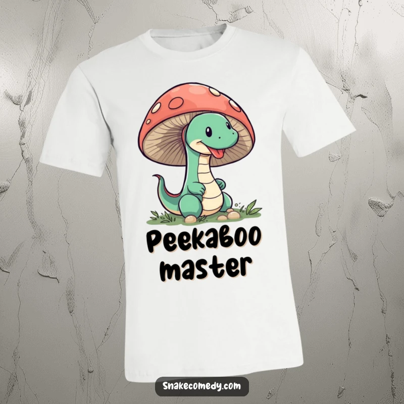 Funny Snake Mushroom T-Shirt: A sneaky snake is humorously depicted peeking out from behind a giant mushroom, looking mischievous.