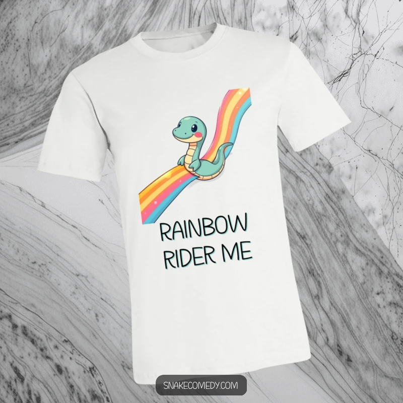 Funny snake t-shirt, a snake character comically sliding down a shimmering rainbow ribbon, vibrant and fun graphic.