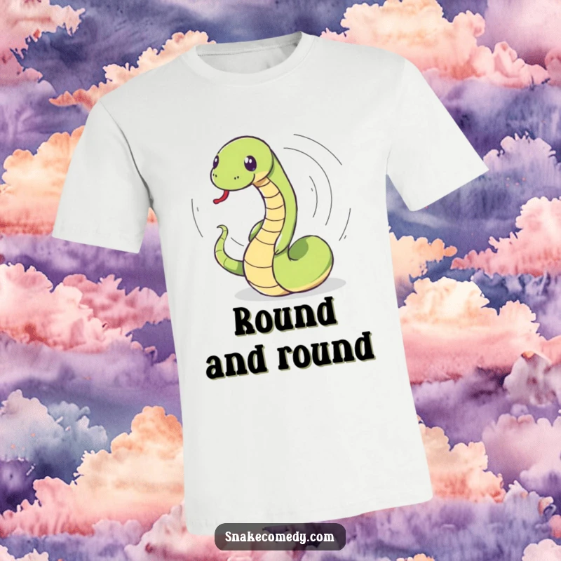 Funny snake t-shirt showing a snake comically chasing its tail in a dizzying spin, radiating energetic and humorous vibes.