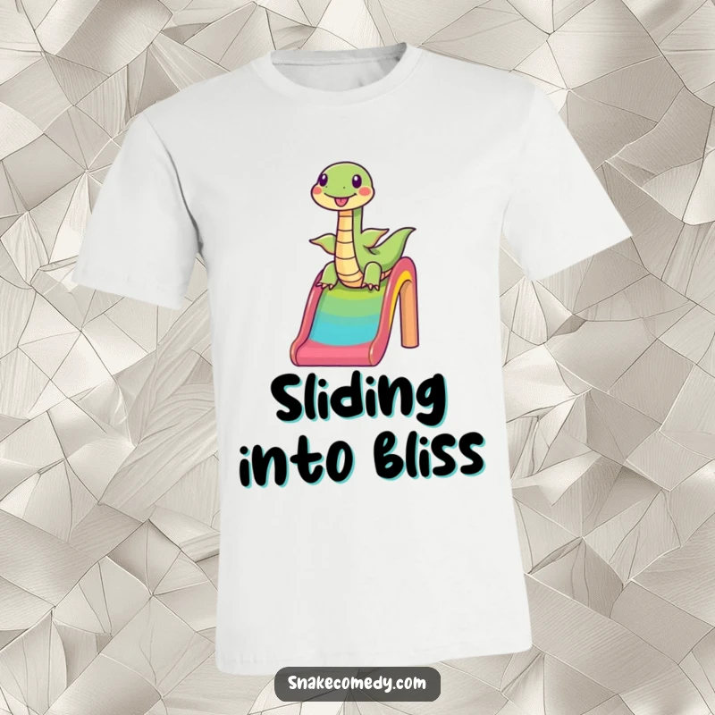 Funny snake sliding down a rainbow slide, cheerful cartoon character, bright and fun graphic tee, perfect funny gift.