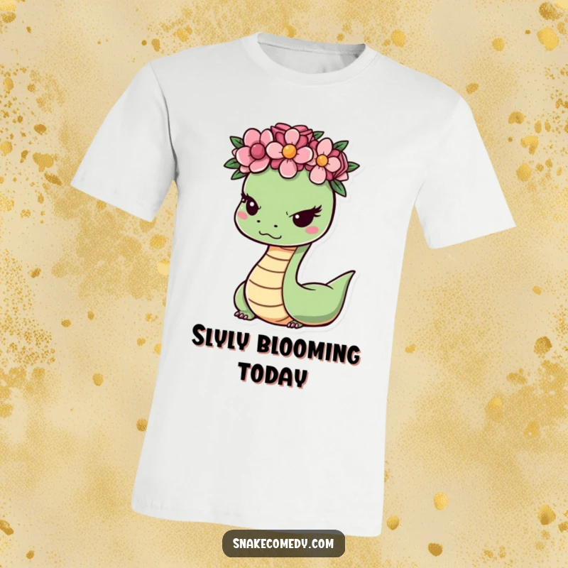 Funny snake character adorned with a flower crown, giving a sly wink, printed on a soft, comfortable, and humorous t-shirt.