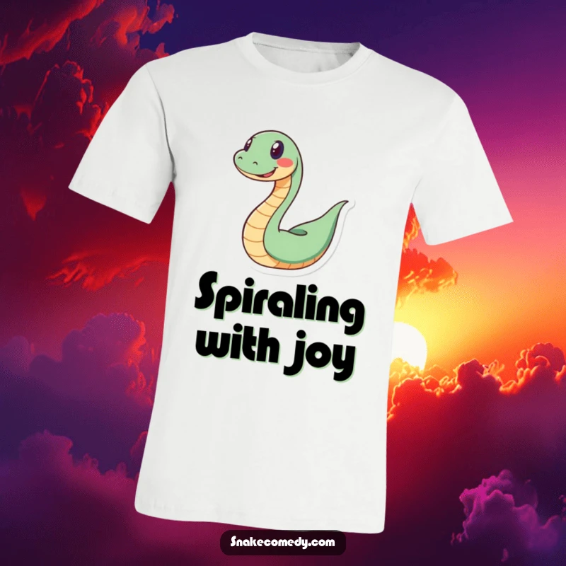 Funny snake t-shirt depicting a happy snake playfully coiling into a spiral, radiating pure joy and a mischievous grin.