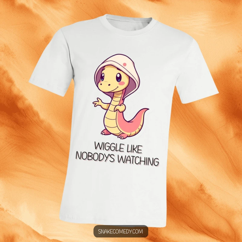Funny snake t-shirt depicting a wiggly snake character performing a silly dance, complete with a cheerful hood and joyful expression.