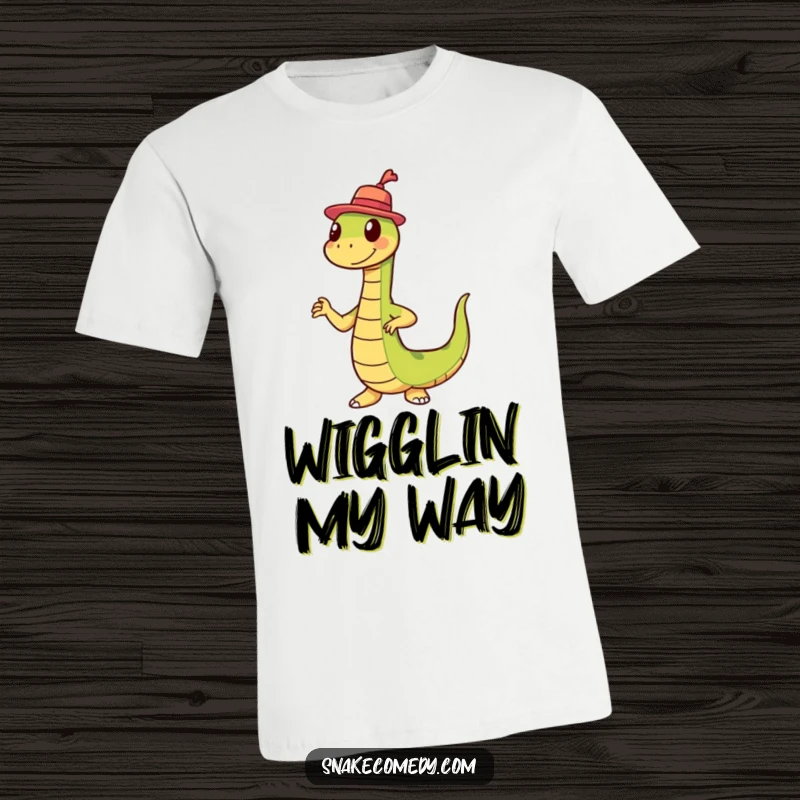 Funny snake wearing a tiny hat performing a silly wiggle dance on a t-shirt, showcasing hilarious style.